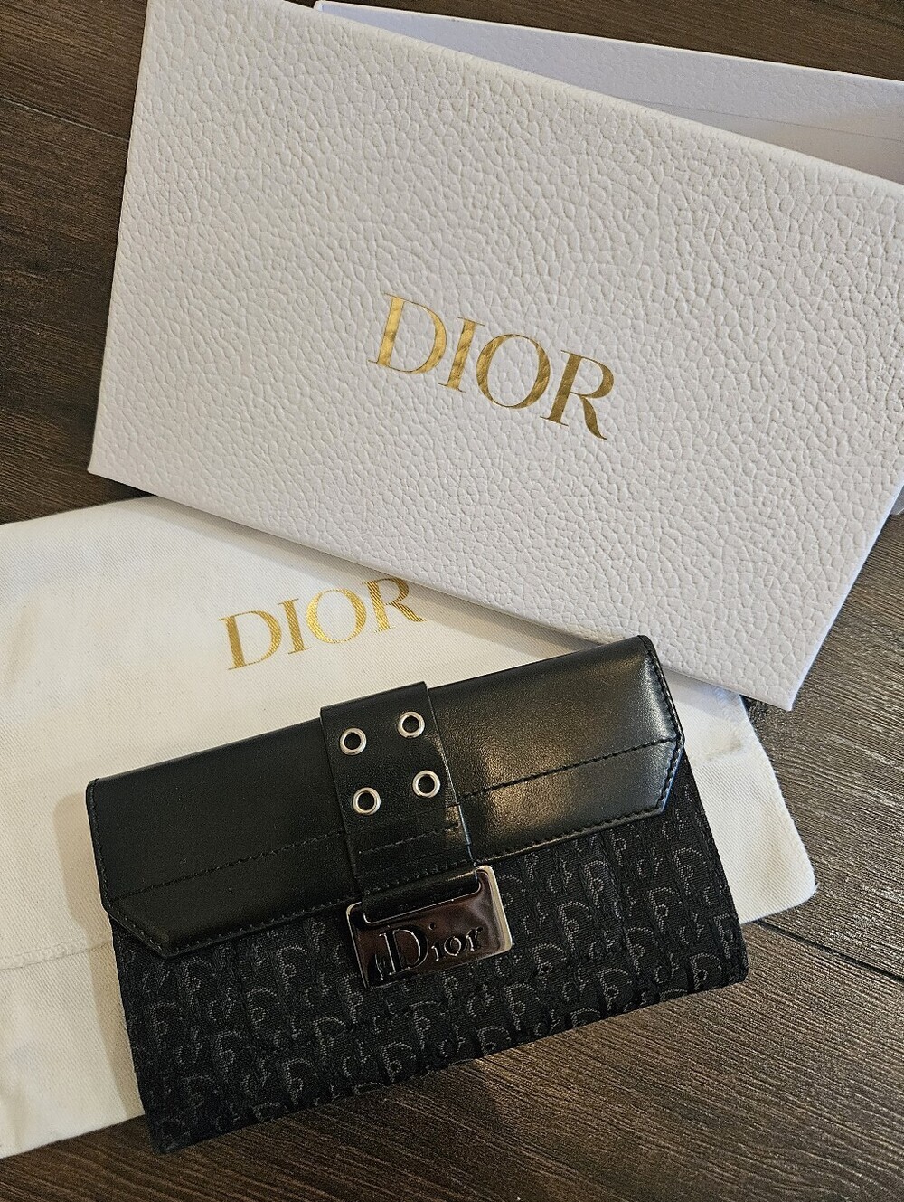 Christian Dior Vintage Trotter Wallet Black Jacquard Leather Silver Logo FullSet